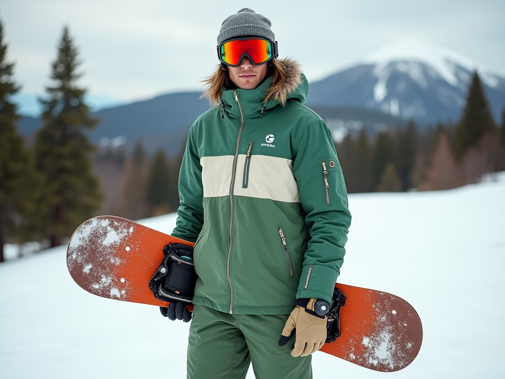 Snowboardzista w zielonym kombinezonie trzyma deskę na tle górskiego krajobrazu.