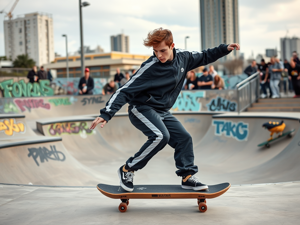 Młody skater wykonuje trik na desce w skate parku, otoczony przez obserwujących go ludzi.